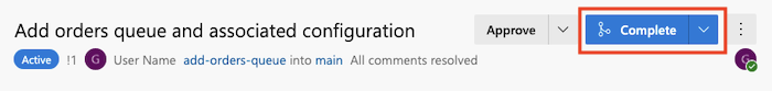 Screenshot of Azure DevOps that shows the Complete button for a pull request.