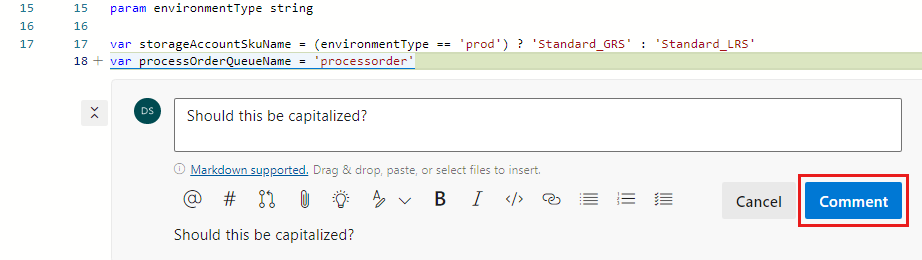 Screenshot of Azure DevOps that shows the comment field, with the Comment button highlighted.