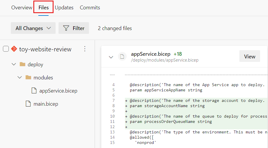 Screenshot of Azure DevOps that shows the files changed in the pull request.