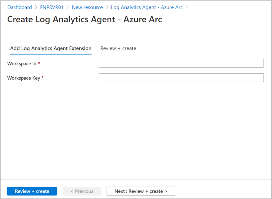 Screenshot of Log Analytics VM Extension configuration with the correct workspace details.