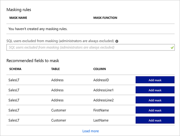 Screenshot of the Azure portal showing a list of the recommended masks for the various database columns of a sample database.