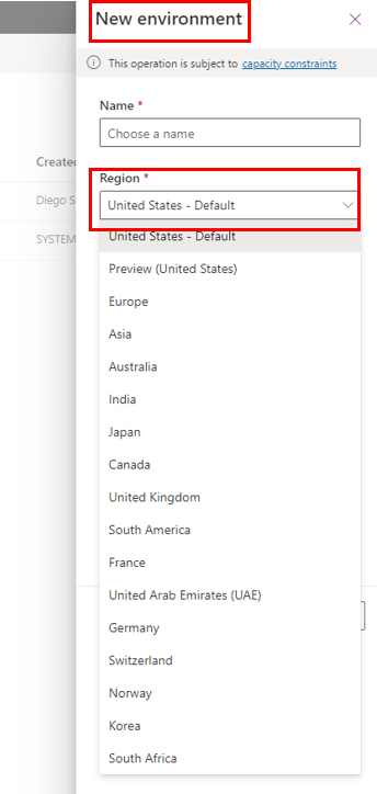 Screenshot of Microsoft Power Platform Admin Center displaying a list of environments including Personal Productivity, Production, Test, and Development.