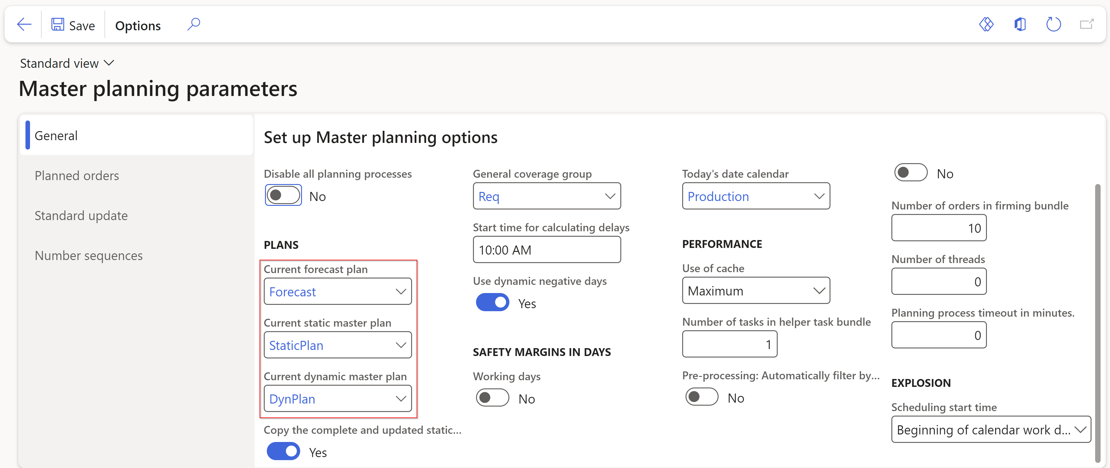 Screenshot of the Master planning parameters page with the Plans field group highlighted.