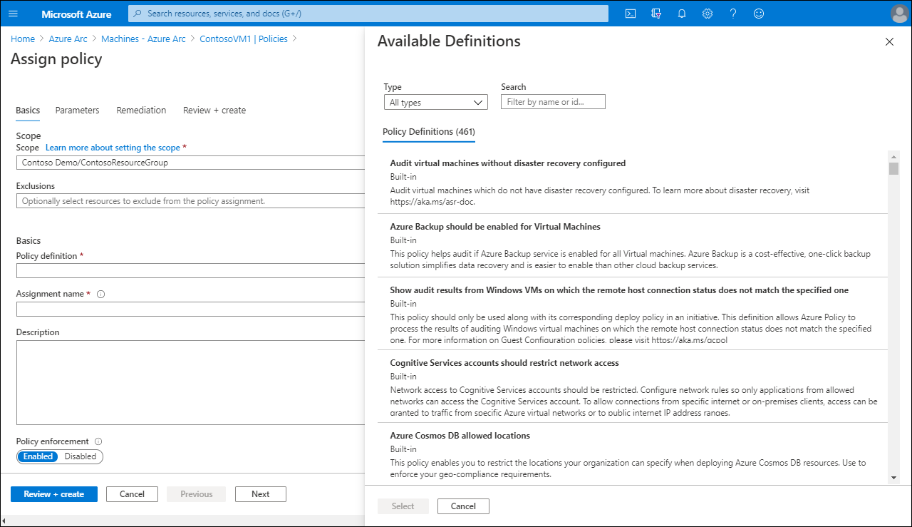 Screenshot that depicts the Assign policy page in the Azure portal. The administrator is selecting from a list of available policies.