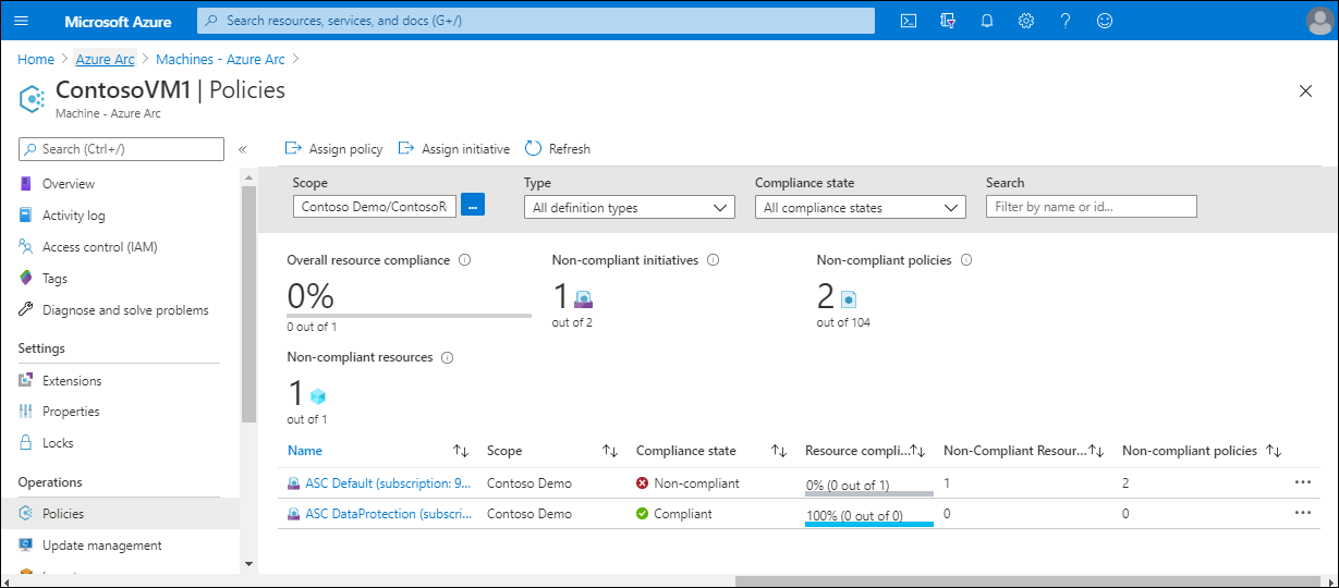 Screenshot that depicts the applied policies on ContosoVM1. Two policies are applied, and the VM is compliant with one but not the other.