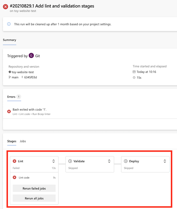 Screenshot of a pipeline run in Azure DevOps, with the Lint stage reporting failure.