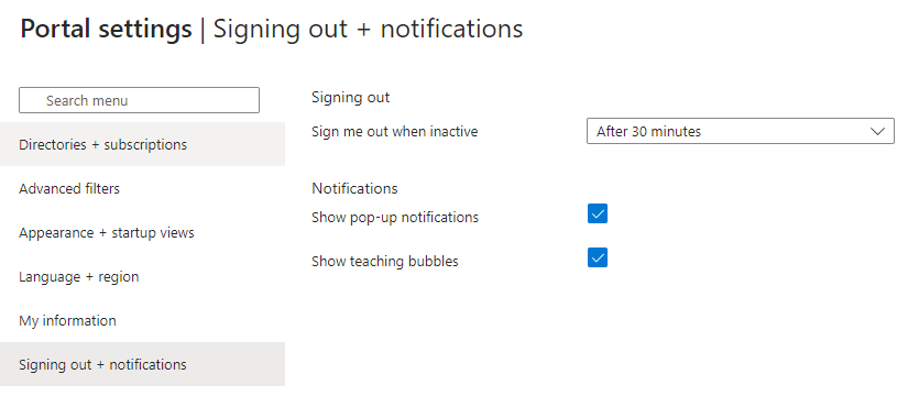 Screenshot of the Azure portal settings pane.