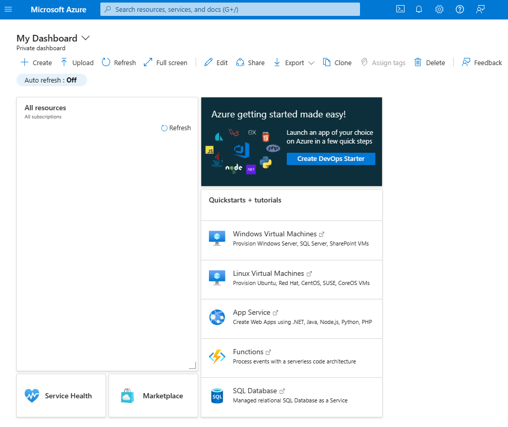 Screenshot showing the default dashboard in the Azure portal.