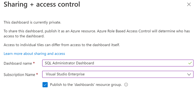 Screenshot of the Sharing + access control pane before a dashboard is shared.