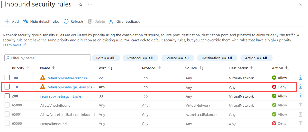 Screenshot that shows the inbound security rules for the NSG.