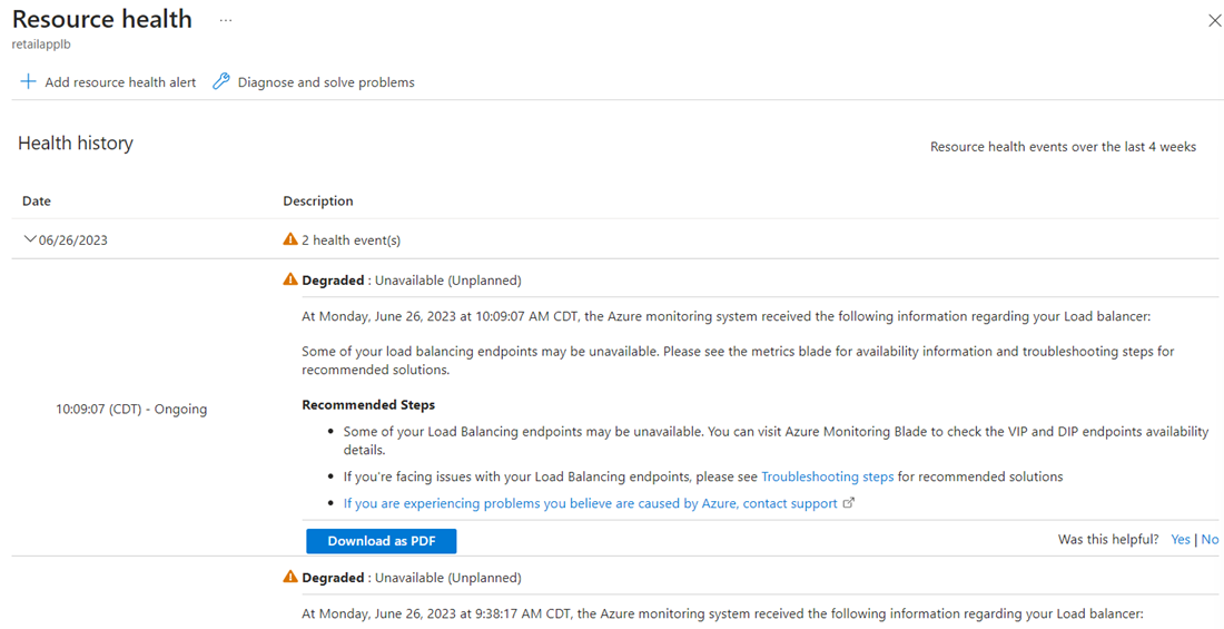 Screenshot of the Resource health page that shows health history including date, number of health events, status, description, and recommended steps.
