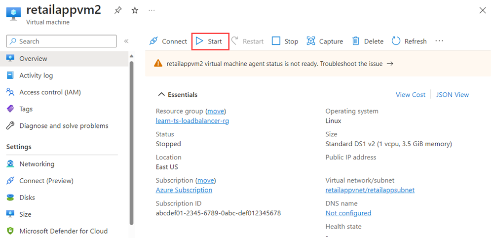 Screenshot that shows the Overview page for the *retailappvm2* virtual machine with the start button highlighted.
