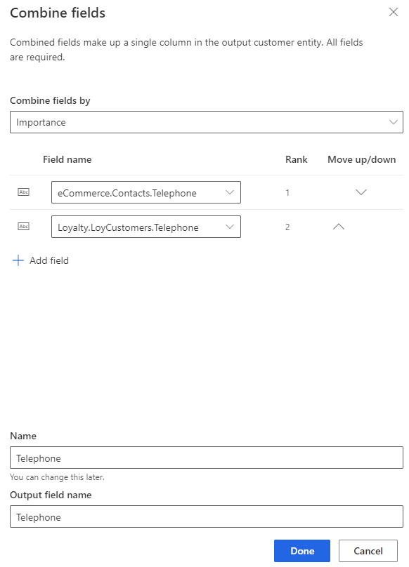 Screenshot of combining fields and ranking importance.