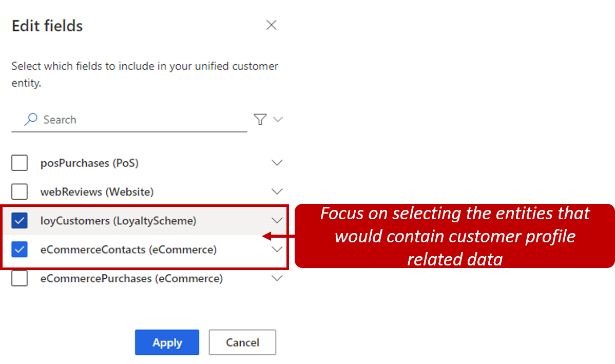 Screenshot of selecting fields that have related customer profile data.