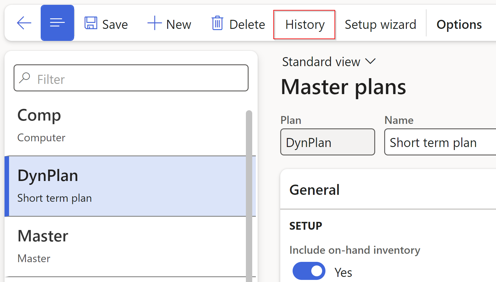 Screenshot of the Master Plans History page.