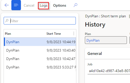 Screenshot of the Logs page in the Action Pane menu.