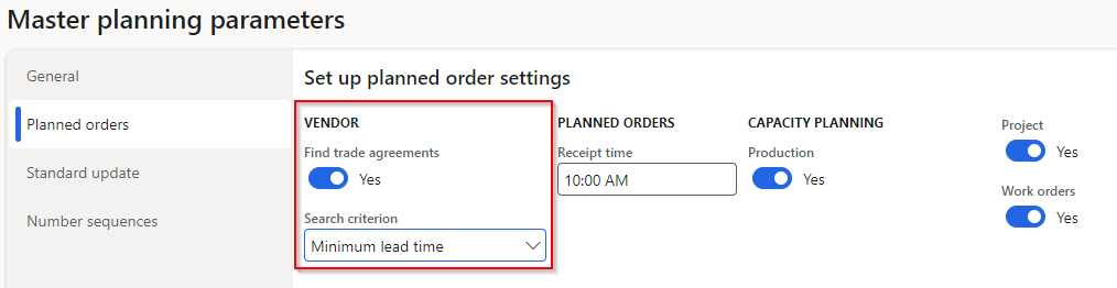  Screenshot of the Master planning parameters page.