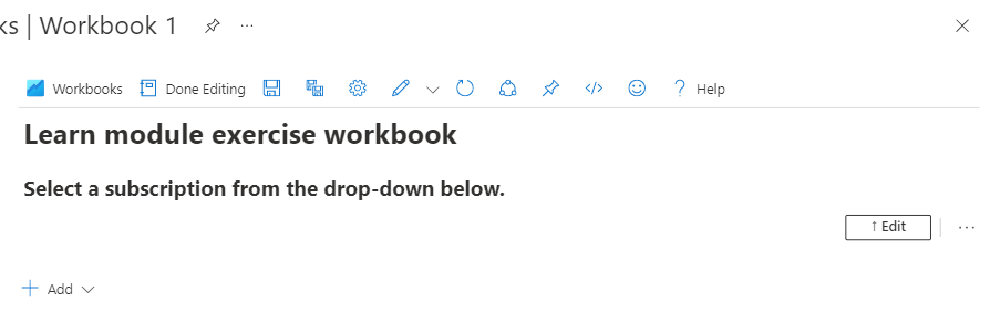 Screenshot of a new Azure workbook with text.