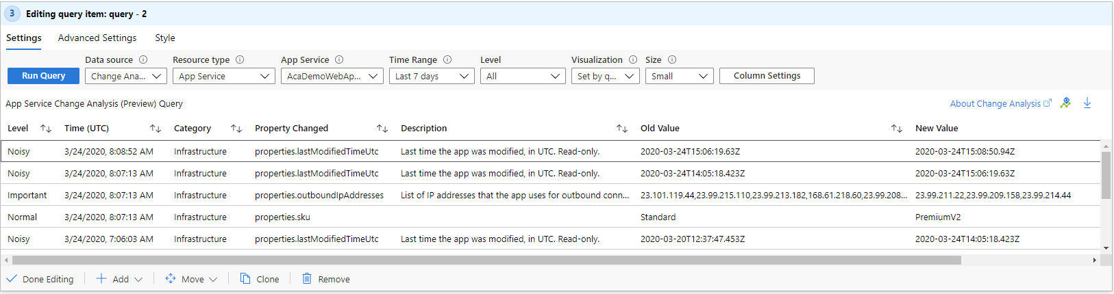 Screenshot that shows a workbook with Change Analysis.