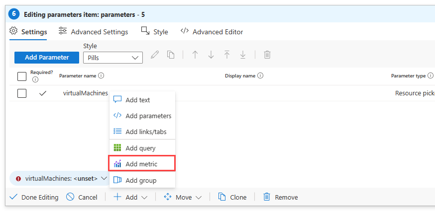 Screenshot that shows adding a metric to an Azure workbook.