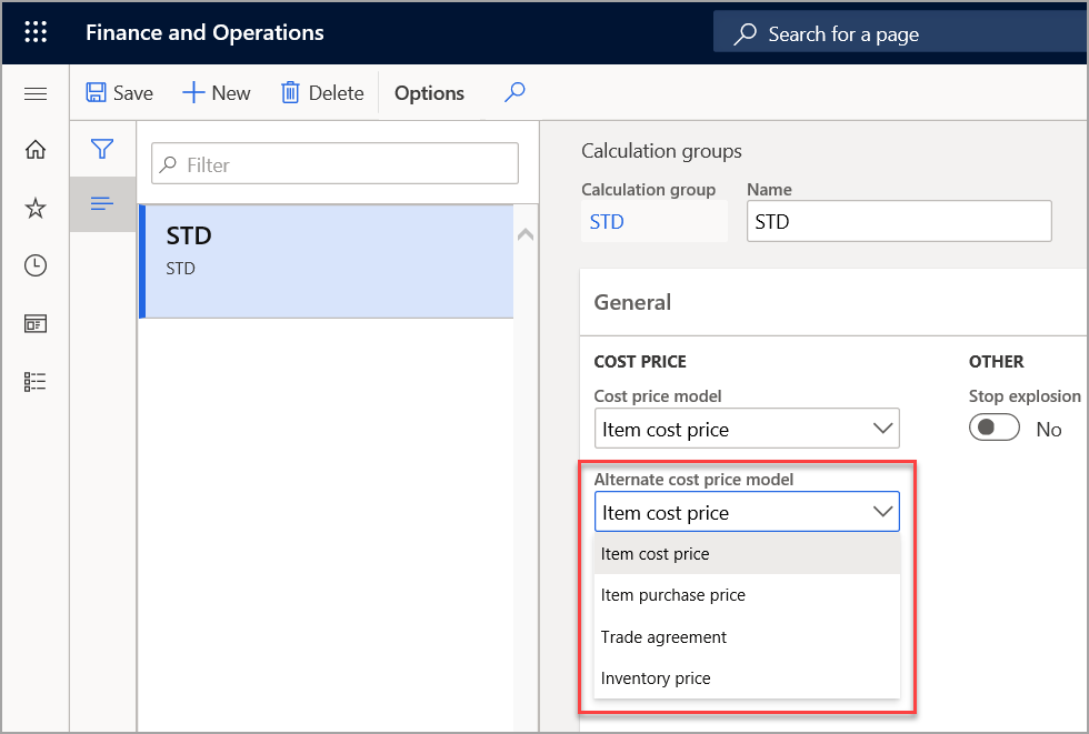 Screenshot of the Calculation groups page highlighting the Alternative cost price model drop down list.l