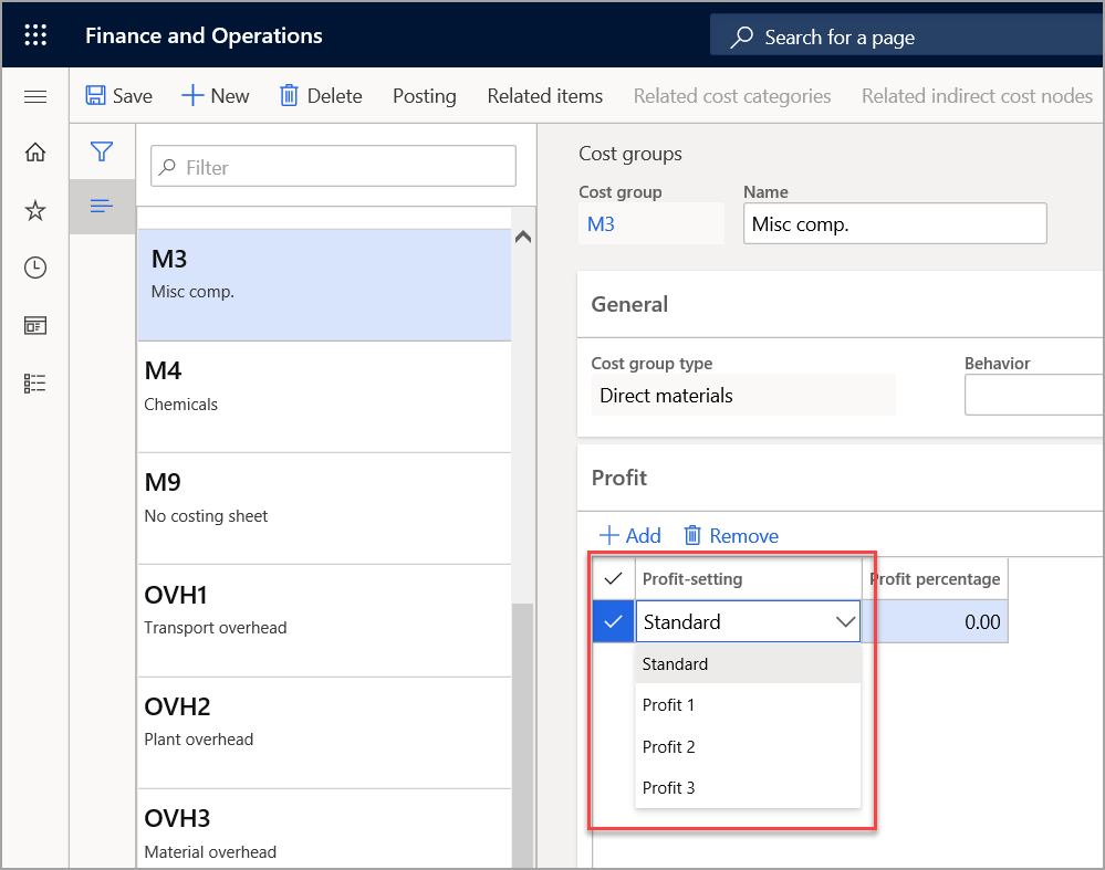 Screenshot of the Cost groups page highlighting the Profit-setting drop down list.