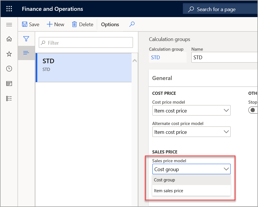 Screenshot of the Calculation groups page highlighting the Sales price model drop down list.