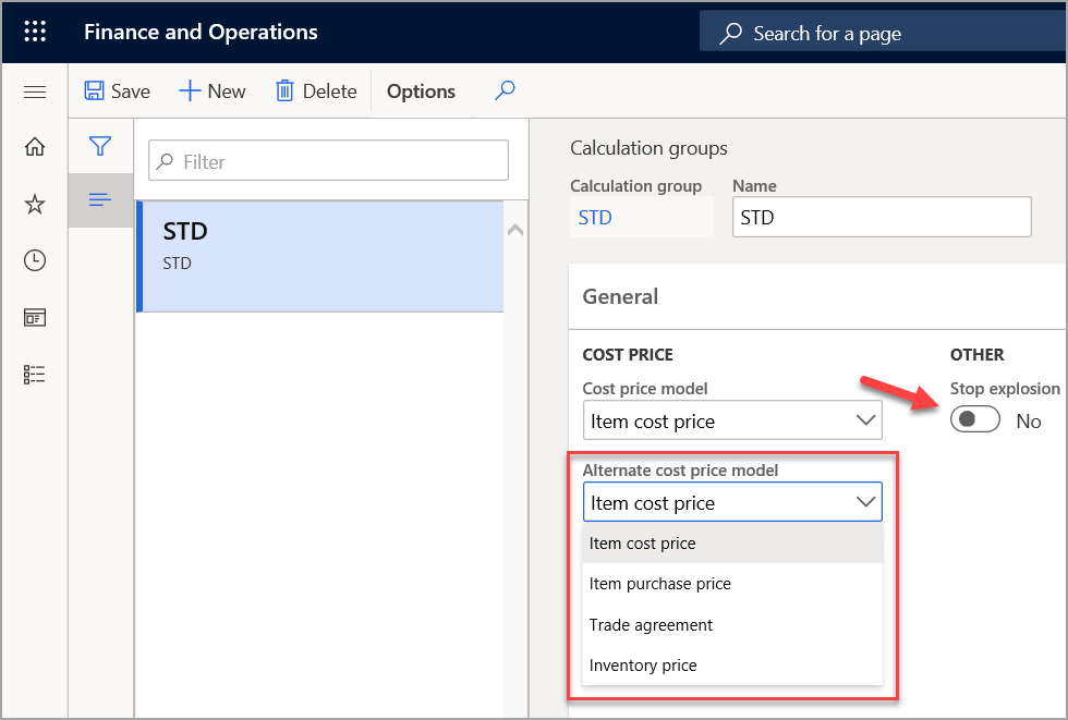 Screenshot of the Calculation groups page highlighting the Stop explosion button.