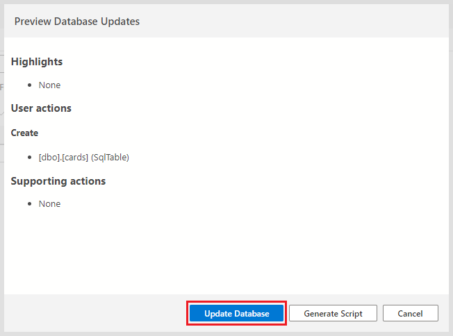 Screenshot showing how to select Update Database to confirm.