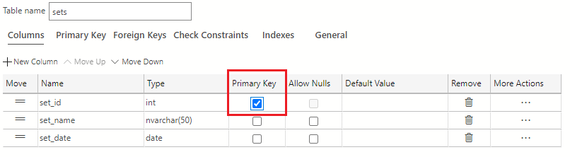 Screenshot showing how to select the checkbox for set_id to make this the primary key for the table.