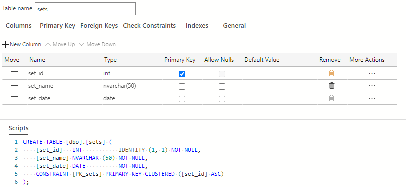Screenshot of the completed sets table in Azure Data Studio.