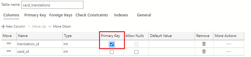 Screenshot showing how to select the checkbox for translation_id to make this the primary key for the table.