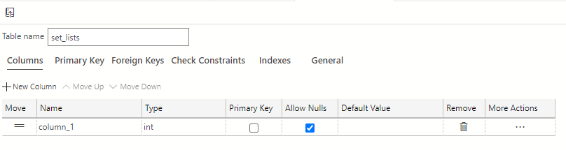 Screenshot showing how to change the Table name field from its provided default of NewTable to set_lists.