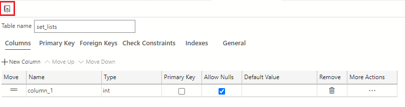 Screenshot showing how to select the Publish changes icon which is located in the upper left hand corner of the Table Designer.
