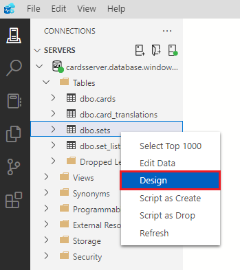 Screenshot showing how to right-click the sets table and select Design.
