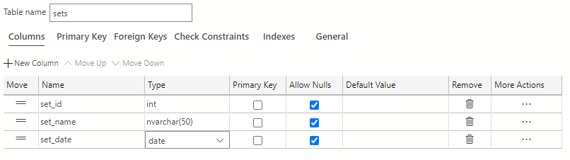 Screenshot of the final sets table in Azure Data Studio.