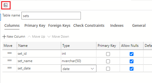 Screenshot showing how to click the Publish Changes button just above the table name field.