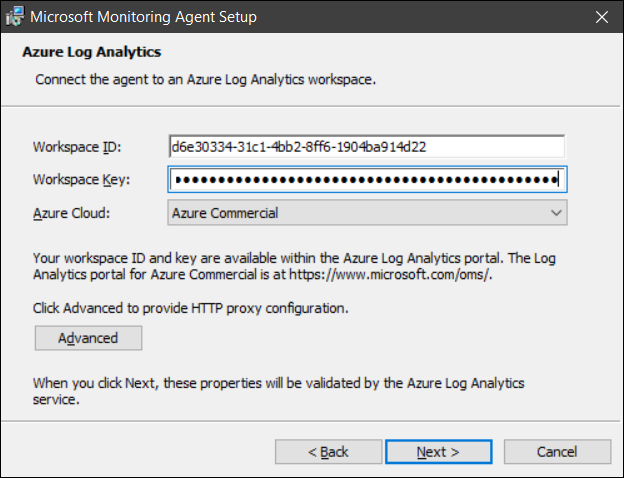 A screenshot of the Azure Log Analytics page in the Microsoft Monitoring Agent Setup Wizard. The administrator has entered the Workspace ID and Workspace key.