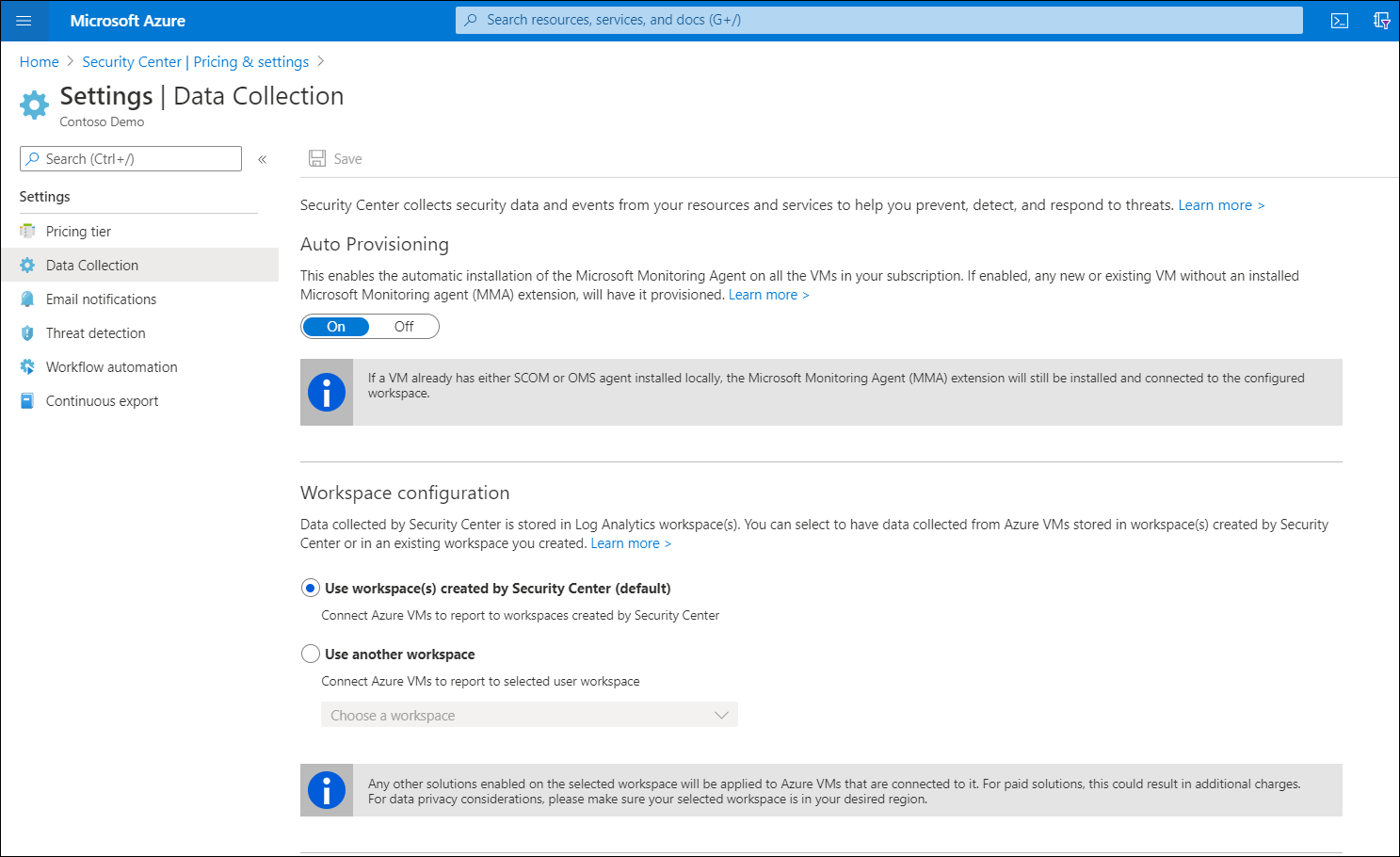 A screenshot of the Data Collection tab of the Pricing & settings blade in the Azure Security Center. Auto Provisioning is on, and the default Workspace configuration, which is to use workspaces created by Security Center, is selected.