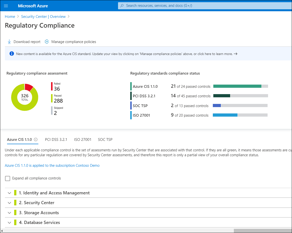 A screenshot of the Regulatory compliance blade in Security Center displaying the organization's regulatory compliance assessment..