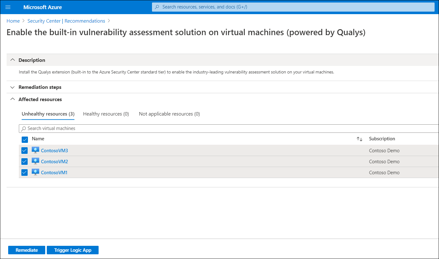 A screenshot of the Enable the built-in vulnerability assessment solution on virtual machines (powered by Qualys) blade. The administrator has selected all available VMs and is about to select Remediate.