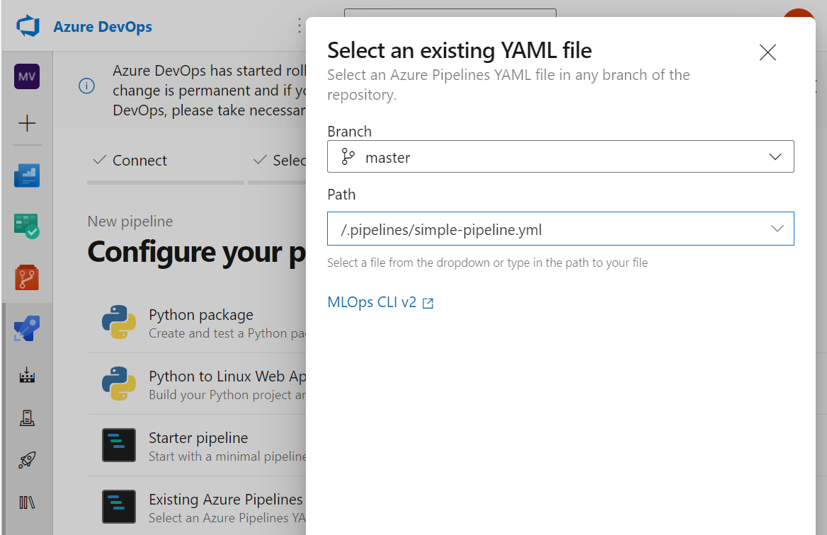 Screenshot of configuration of pipeline in Azure DevOps.