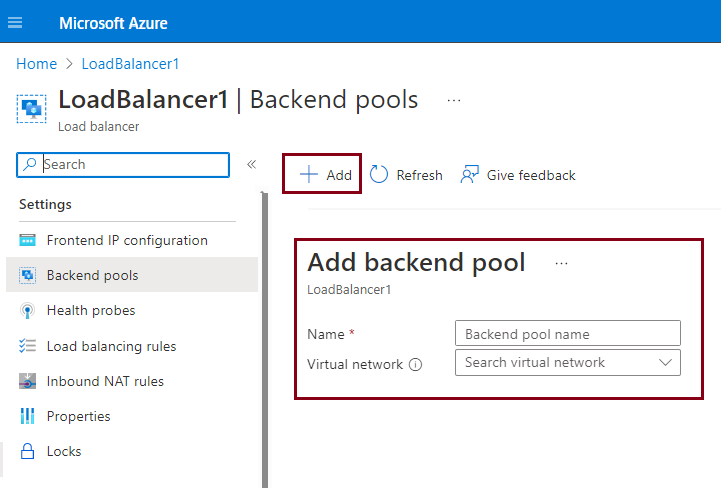 Screenshot that shows how to configure back-end pools in the Azure portal.