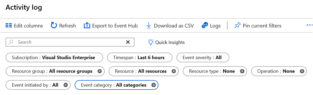 Screenshot that shows filter options for activity logs in the Azure portal.