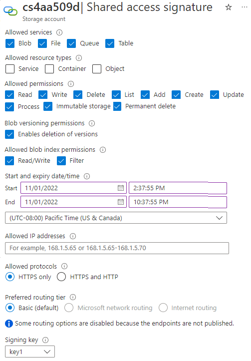 Screenshot of the Create a shared access signature key page.