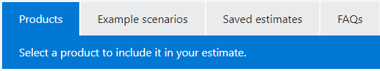 A screenshot of the Pricing calculator menu bar with the Products tab selected.