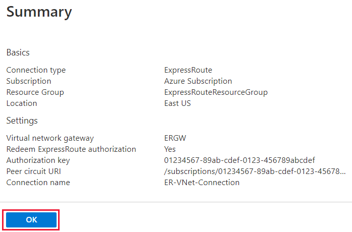 Azure portal - create connection summary