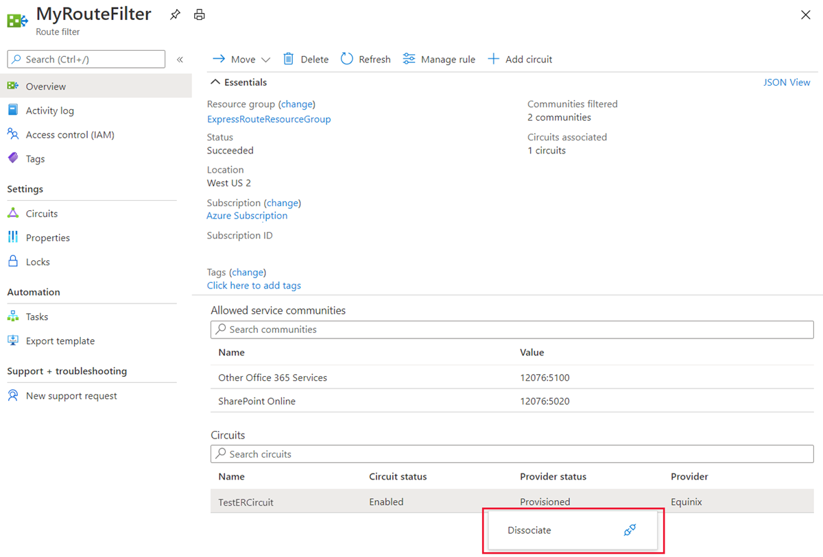 Azure portal - dissociate rule from route filter