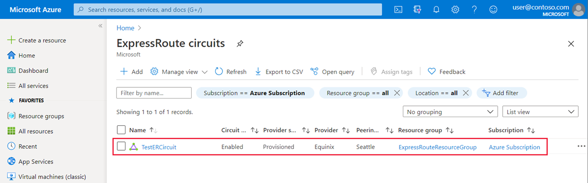 Azure portal - select ExpressRoute circuit