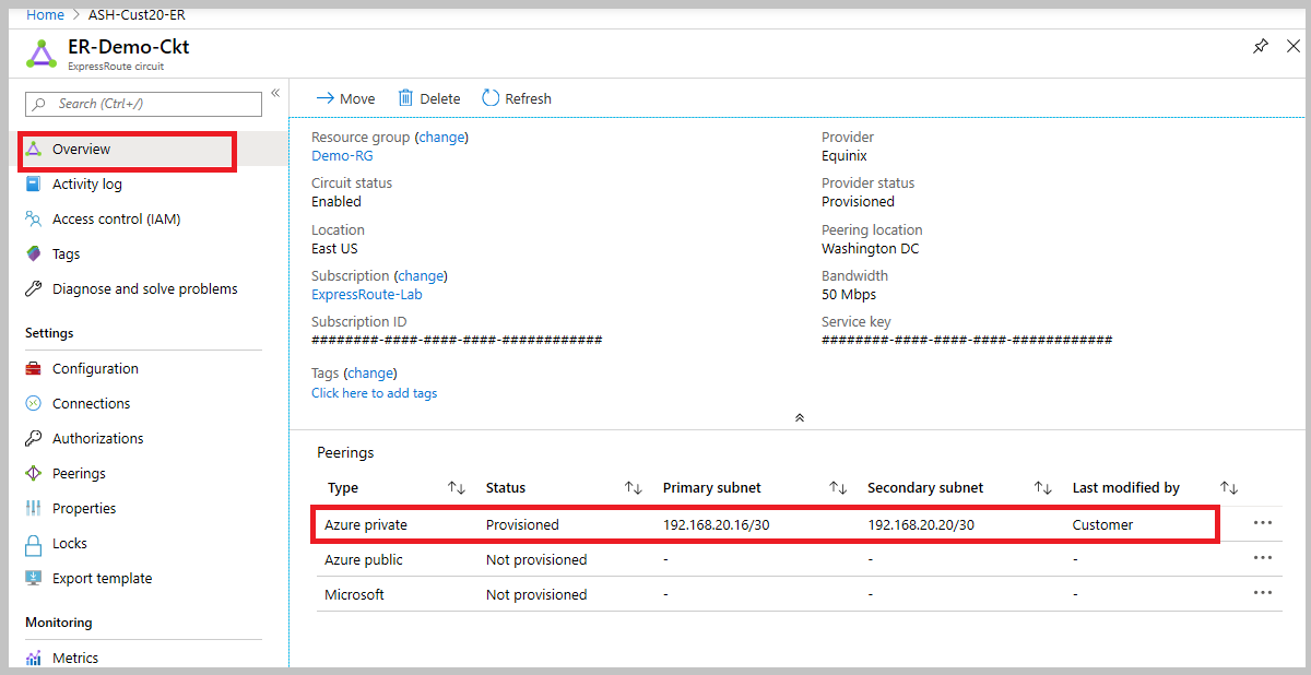 Azure portal - view peering status